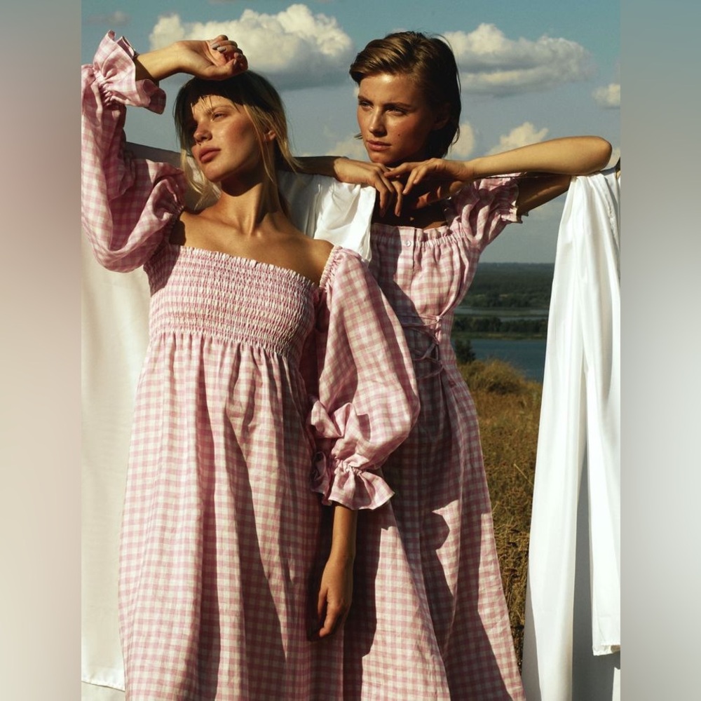 SLEEPER MARQUISE VICHY NATURAL LINEN DRESS PINK XL
